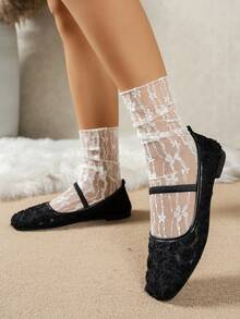 2025年秋季大码女式方头蕾丝拼接玫瑰户外休闲派对透气镂空平底乐福鞋，百搭，芭蕾平底鞋，玛丽珍鞋 - 玫瑰花黑色 - 查看 5