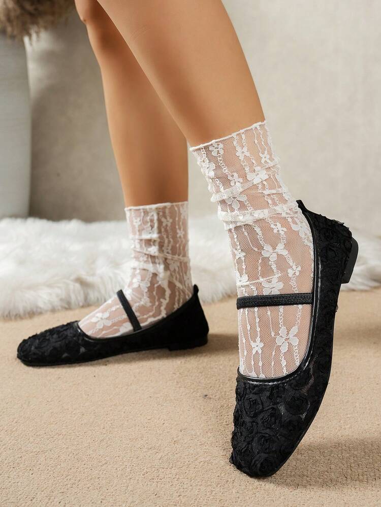 2025 Autumn Plus Size Women's Square Toe Lace Patchwork Rose Outdoor Casual Party Breathable Hollow Flat Loafers, Versatile,Ballet Flats, Mary Janes - Rose Black - View 5