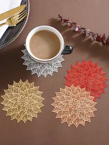12pcs Gold Flower Coasters, PVC Material 3.94inch Round Coffee Cup Mats, Washable, Easy To Clean, Wipe-Able, Non-Slip, Heat-Resistant, Suitable For Room Decor, Dining Table Decor, Home Decor, Ideal For Holidays, Parties, Birthdays, Weddings And Dinners - Gold - View 2