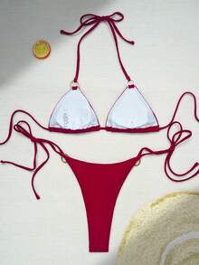 Traje de baño sexy y casual de 2 piezas con escote halter y espalda descubierta, conjunto de bikini para verano