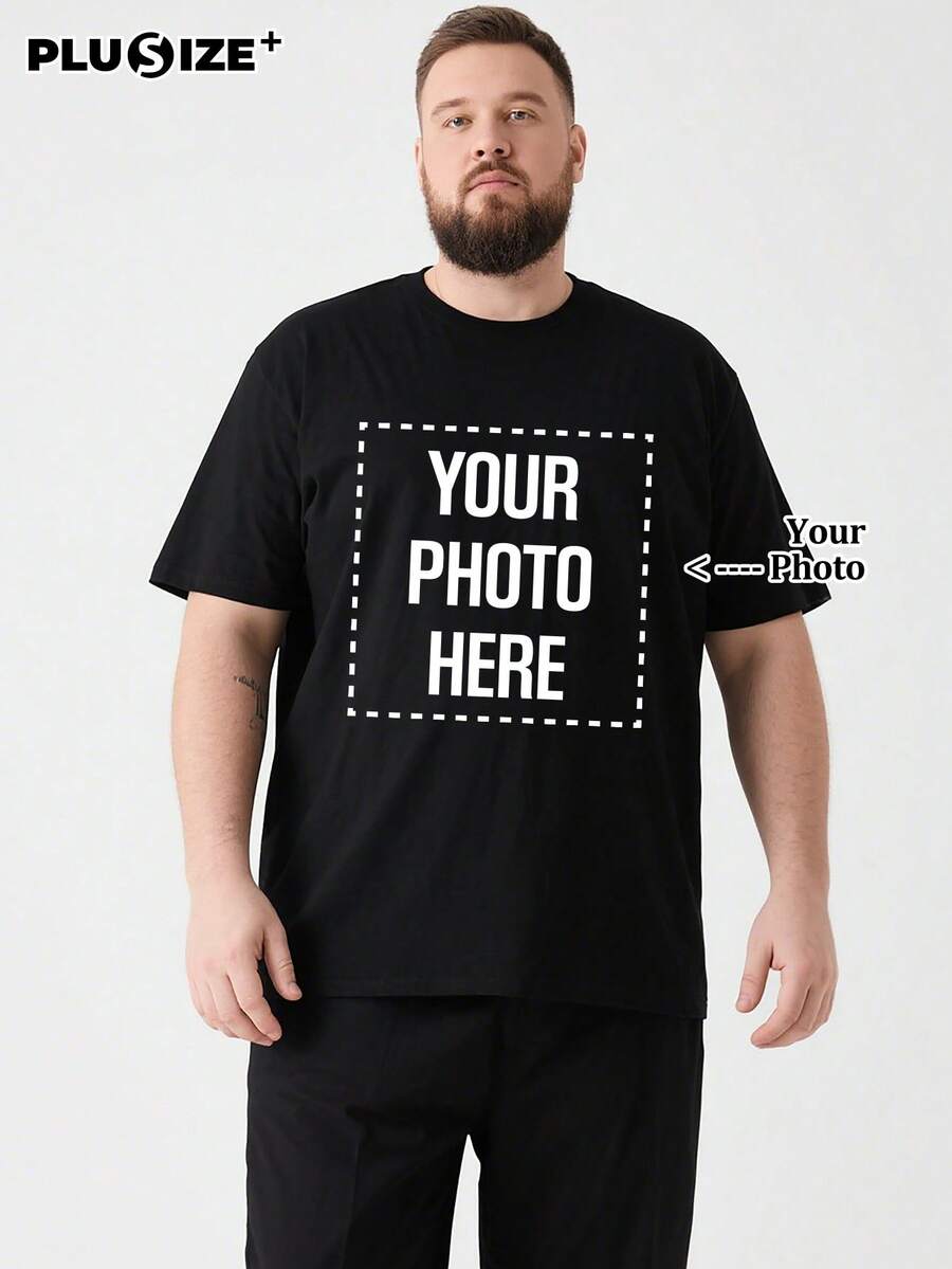 Customized Plus Size Personalized Commemorative Gift And Men's Casual Loose Black T-Shirt, You Can Add Your Own Photos (Family Photos/Selfies/Pet Photos/Friend Photos/Lover Photos/Girlfriend Photos/Gifts/Couple Logos) And Text To Design Your Personalized Printed T-Shirt, Suitable As Father's Day And Mother's Day Gifts. - Black - View 1