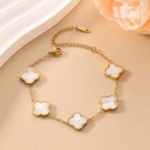 1pc Cross-Border Popular Double-Sided Mother-Of-Pearl Four-Leaf Clover Flower Titanium Steel Bracelet For Women, Luxurious 18K Lucky Clover Jewelry