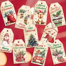 50 Piezas de Etiquetas Colgantes de Navidad con Cuerdas, 10 Estilos de Etiquetas de Papel para Regalos, Etiquetas Colgantes para Fiestas de Navidad, Decoración del Árbol de Navidad