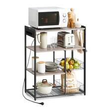 VASAGLE Küchenregal mit Steckdosen, Standregal mit 2 Metallkörben, Bäckerregal mit Haken, Regalablagen, 35 x 80 x 93,5 cm, Industrie-Design, Greige meliert-tintenschwarz - Taupe - Übersicht 4