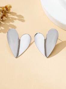 1 Pair Fashionable Heart-Shaped Metal Earrings, Valentine's Day Jewelry - Glossy-silver - View 4