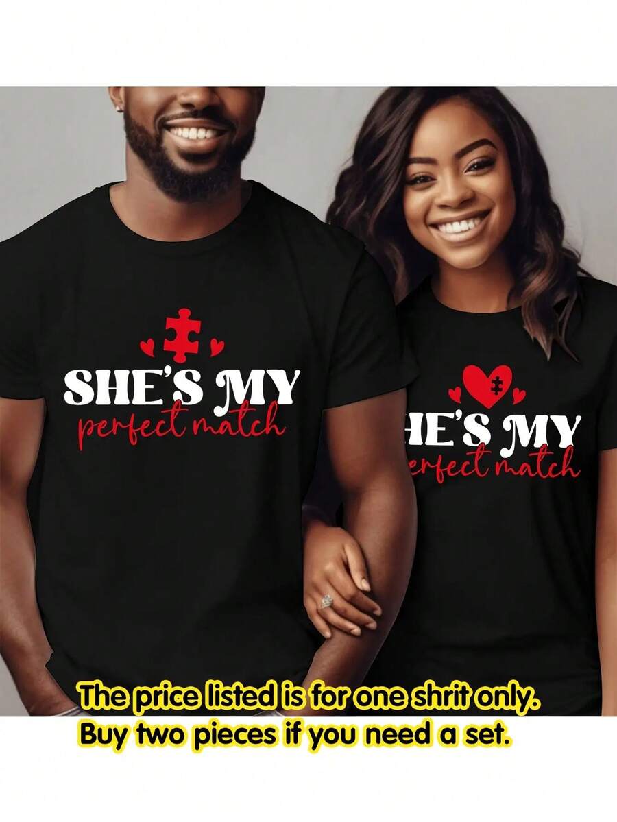 Valentine'S Day Matching Couple And Valentine'S Letter Print T-Shirt, Short Sleeve Crew Neck Casual Top For Summer & Spring, Women'S Clothing - 女款-黑色 - 查看 1