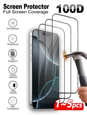 1 st. 100D helskärmstäckande skärmskydd i härdat glas, kompatibelt med 17 Pro Max/17 Air/16e 14/15/16/16 Plus/16 Pro Max/13 Mini 12 11 Pro Max X XR XS Max skyddande glasfilm, fingeravtrycksskyddande, klar HD, 9H hårdhet, stötsäker, perfekt vidhäftning, skalvänligt, hög transparens