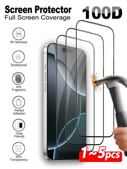 1pc 100D Full Screen Tempered Glass Screen Protector, Compatible With IPhone 17 Pro Max/17 Air/16e/14/15/16/16 Plus/16 Pro Max/13 Mini/12/11 Pro Max/X/XR/XS Max, Anti-Fingerprint, High Definition Clear, 9H Hardness, Shockproof, Perfect Fit, Compatible With Phone Case, High Transmittance