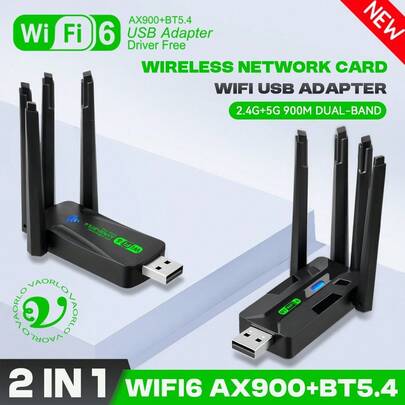KZ 二合一 WIFI6 900Mbps 无线网卡，2.4G/5GHz 双频蓝牙 5.4 Wi-Fi 加密适配器 AX900 802.11AX USB3.0 四天线高速网卡无线接收器，兼容 PC 笔记本电脑 WIN 10/11，无需驱动程序