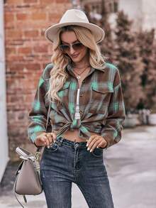 Áo sơ mi dài tay kẻ caro thường ngày cỡ lớn có túi dành cho nữ - màu xanh lá - Xem 3