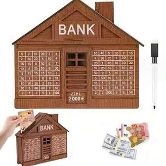1pc Wooden House Shaped Piggy Bank, Light Brown Color With Target Numbers, Suitable For Home Savings, Desktop Decor, Ideal Gift For Friends