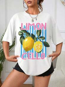 Camiseta de manga corta con estampado de LIMON de cuello redondo, playeras para mujer, blusas gráficas para mujer - Blanco - Ver 1