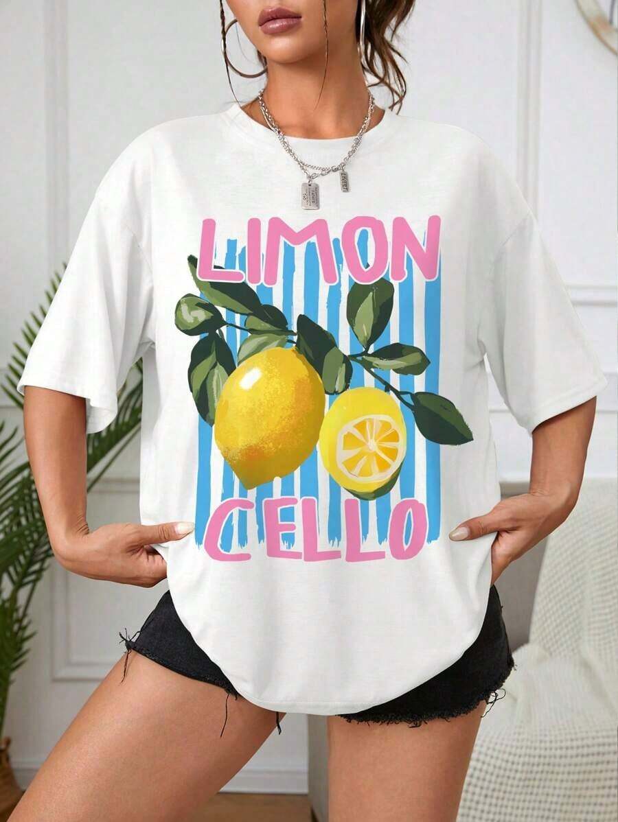 Camiseta de manga corta con estampado de LIMON de cuello redondo, playeras para mujer, blusas gráficas para mujer - Blanco - Ver 1