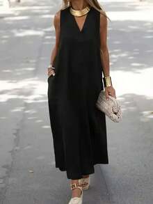 Women's Solid Color Pocket V-Neck Sleeveless Long Dress, Summer - Black - View 1