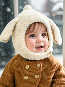 1 件装可爱儿童女孩男孩婴儿帽子羊毛边帽带兔耳朵帽幼儿羊毛耳罩帽柔软新生儿帽 - Ear - 查看 2