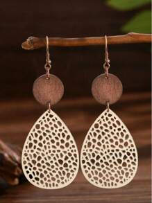 2pcs Retro Style Leather & Wood Drop Shape Round Shape Hollowed Earrings For Women - 2866-round - View 3