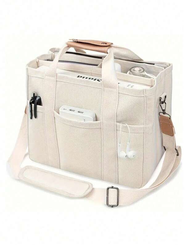 1pc Large Capacity Multi-Pocket Shoulder Bag With Compartment Tote Bag Durable Handle Beige Multi-Compartment Tote Bag, Multi-Compartment Mummy Bag Large Capacity Outgoing Canvas Bag Handbag Crossbody Bag Tote Bag Multi-Compartment Bag