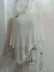 Women Sheer Knitted Poncho Solid Color Ruffle Trim Boat Neck See Through Cover Up Tops - Khaki - View 4