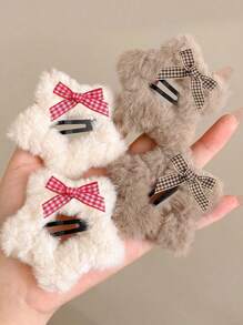 4个女士秋冬毛绒星星蝴蝶结发夹，可爱优雅的侧刘海装饰发夹，韩式百搭发饰，适合日常佩戴，Y2K风格配饰，爪夹，发爪，发卡，秋季时尚，蝴蝶结 - 彩色 - 查看 12