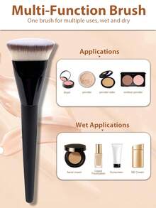 1pc Flat Round Foundation Brush, Skin-Friendly Makeup Tool, Suitable For Liquid Or Cream Foundation, Can Also Be Used As Contour, Blush, Highlighter, Concealer, Blush, Contour, And Powder Brush,Giveaways - Black - View 3