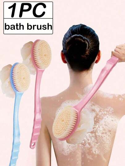 1 Spazzola da bagno con manico lungo rosa/blu con funzioni di scrubbing e massaggio su due lati, spazzola multiuso, utilizzata per l'esfoliazione della schiena e la pulizia della doccia, decorazione per il bagno di casa