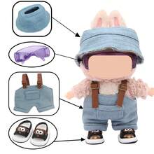 4 Stücke Set = 1 süße Sandalen + 1 Hut + 1 Sonnenbrille + 1 Hose, Arbeitskleidung mit Accessoires, für LABUBU Puppenkleidung Kollektion (ohne Puppe, nur Kleidung und Accessoires)