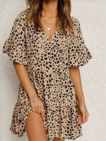Women's Polka Dot Print V-Neck Casual Elegant Dress, Short Sleeve