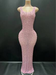 Trade Black Perspective Mesh Sleeveless Long Dress - For Singer, Hosting Party Events Robe De Soiree Elegante Pour Femme Vestito - Hồng - Xem 1