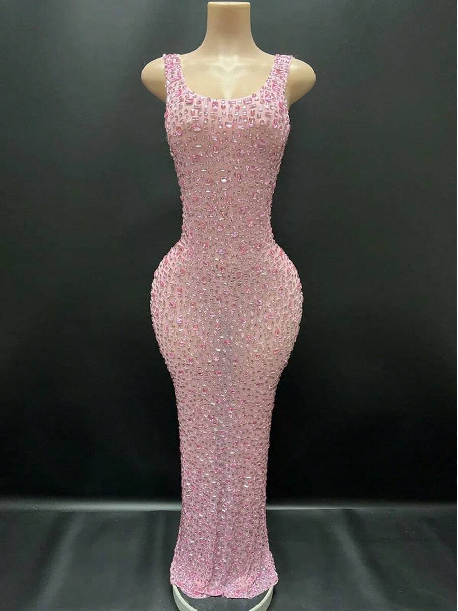 Trade Black Perspective Mesh Sleeveless Long Dress - For Singer, Hosting Party Events Robe De Soiree Elegante Pour Femme Vestito - Hồng - Xem 1