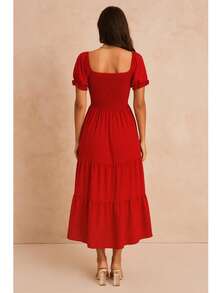 Vestido estilo bohemio liso, largo al tobillo, manga puff, escote cuadrado y parte superior fruncida con elástico que se adapta a diversas siluetas. - Rojo - Ver 2