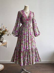 Rusttydustty Đầm cổ chữ V tay phồng họa tiết hoa cổ điển, phong cách Bohemian, thích hợp cho các lễ hội âm nhạc và những dịp tương tự, kiểu dáng thanh lịch mùa xuân. - Bụi hồng - Xem 2