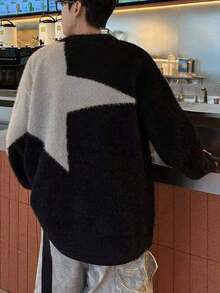 男士休闲宽松针织套头毛衣，五角星图案，圆领长袖，秋冬款 - 黑色 - 查看 2