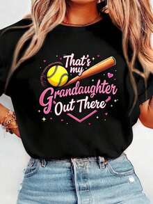 100% Cotton Proud Softball Grandma Cute Granddaughter Support Design T-Shirt Women's Men's Vacation T-Shirt Dress Breathable Summer Tee - 黑色 - 查看 1