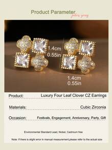 1pair Fashionable & Elegant Lucky Copper Setting With Cubic Zirconia Four-Leaf Clover Stud Earrings For Women, Suitable For Daily Decoration