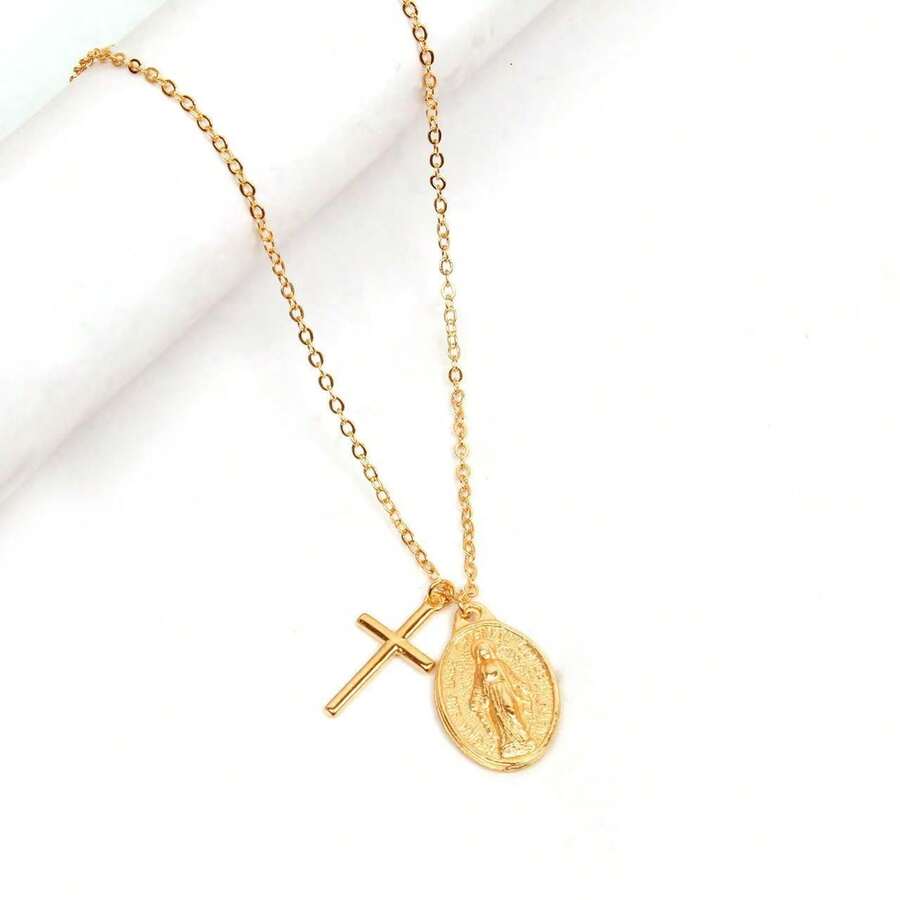 1 chiếc vòng cổ mặt thánh giá Maria bằng thép không gỉ, phụ kiện hip hop dành cho cả nam và nữ - Vàng - Xem 1