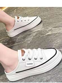 Little White Shoes Women's New Spring And Autumn Flat Student Semi-Slip-On Shoes Slip-On Korean Versatile Shoes Summer Breathable Casual Shoes Fashion Women's Sneakers Shoes That Can Be Worn In All Seasons - 白色 - 查看 2