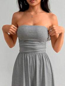 Swisz Women's Elegant Strapless Wide Leg Jumpsuit With Draping Formal Fashion - Grey - View 6