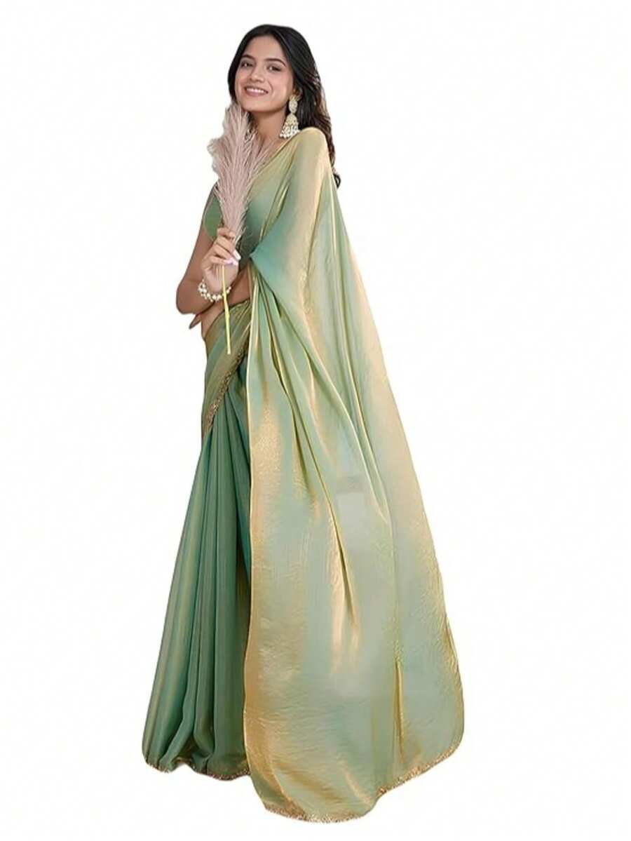 Estationeryhouse Designer Shiny Two Tone Soft Tissue Silk Saree With Antique Embroidered Border, Blouse Piece Included - 綠色 - 查看 1