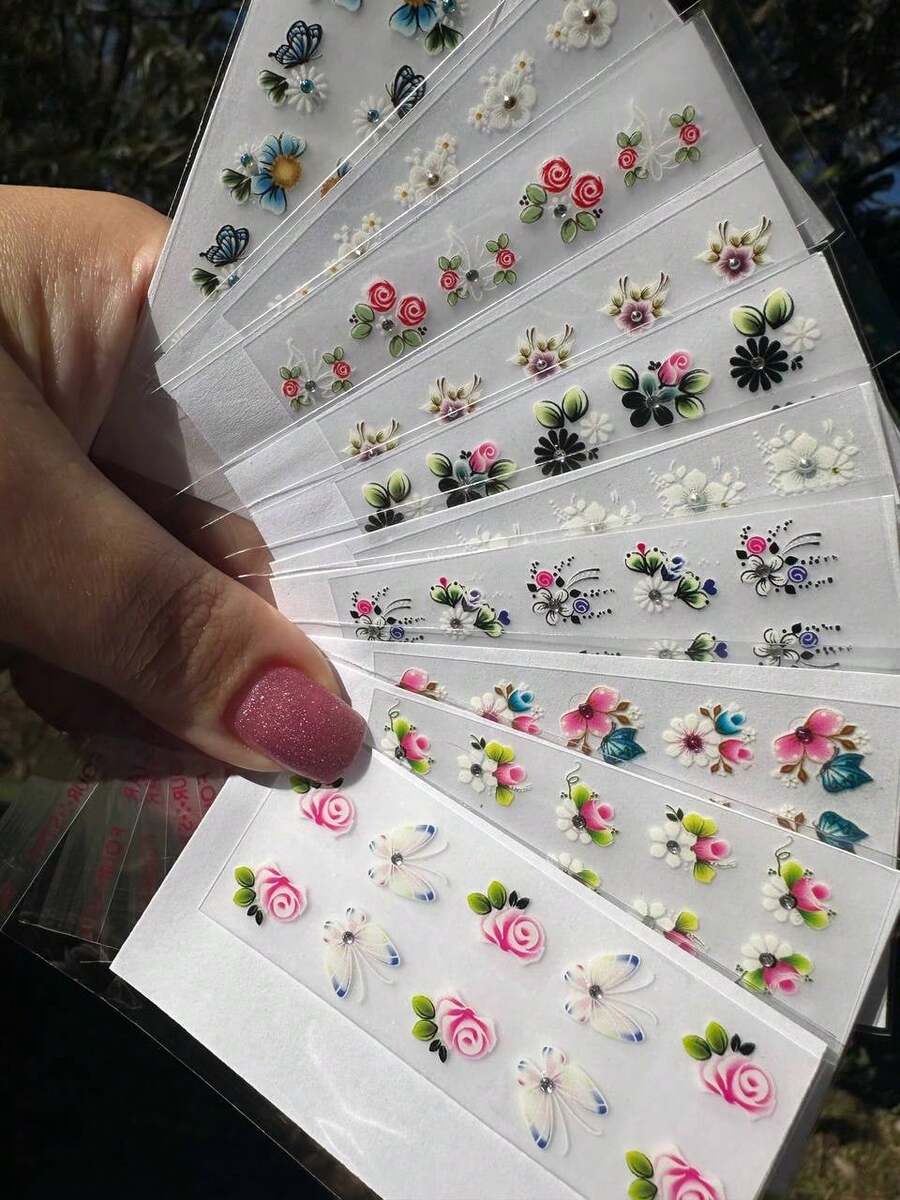 100 Adesivos de Unha 3D COM PEDRINHAS Kit Película Revenda 10 CARTELAS COM 10 CADA - Multicolorido - Visão 1