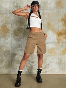 1 chiếc quần short cargo dáng rộng nhiều túi dành cho nữ tuổi teen, phong cách thể thao, thích hợp cho mùa xuân/hè. - Màu Khaki - Xem 4