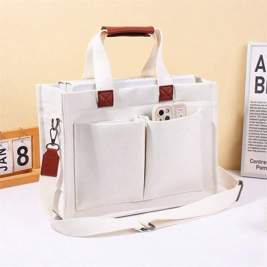 Damska torba płócienna z podszewką z poliestru – zapięcie magnetyczne, regulowany i odpinany pasek na ramię, wiele kieszeni i przegródek – do ręki, na ramię, na ramię