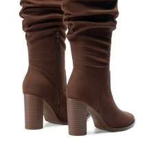 Botas altas para mujer de puntera puntiaguda, tacón grueso y bloque, de ante, con cremallera lateral, cómodas y de moda, estilo holgado, para otoño/invierno - Marrón Chocolate - Ver 7