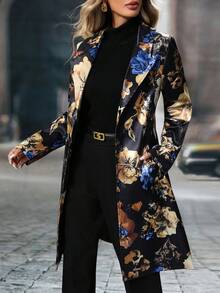 Long-Sleeved Floral Pattern Single-Breasted Suit Jacket - 藍色 - 查看 5