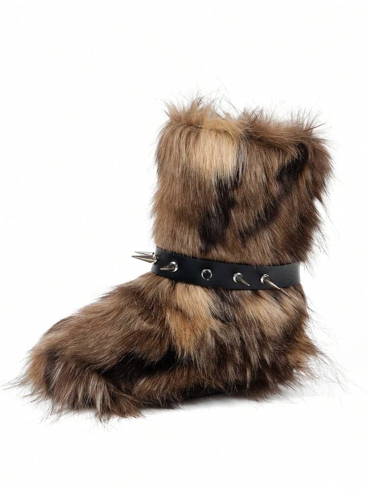 Fall/Winter Fashionable Cute Warm Fluffy Flat Comfortable Boots, Versatile & Stylish, Plush Lined, Thick Mid-Personalizedality Slim Fit Non-Slip Snow Boots For Outdoor Wear,Fur Boots - Brown - View 7