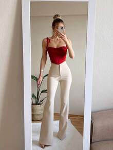 优雅修身高腰喇叭皮裤，修身保暖，适合秋冬日常穿着 - 杏色 - 查看 7