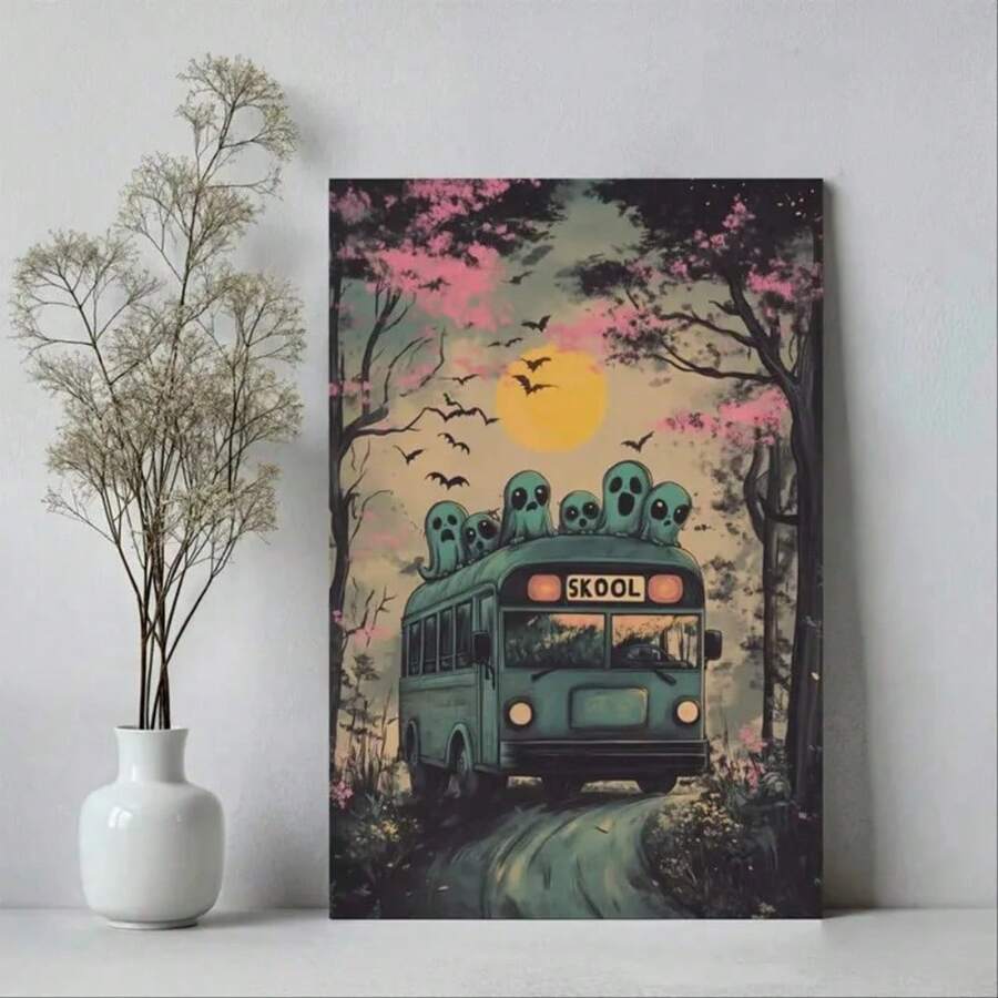 1 tấm áp phích in vải canvas hình xe buýt trường học dễ thương đón những chú ma nhỏ, đồ trang trí Halloween ma quái, hình in ma vui nhộn, nghệ thuật ma Halloween không có khung - Có sẵn nhiều màu sắc - Xem 1