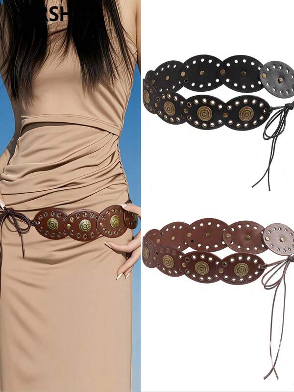 Hershine Zestaw damskich pasków do jeansów w stylu boho, vintage, western, z owalną talią w kształcie tortu, dostępny w kolorze czarnym i brązowym, pasek do odzieży damskiej, modny pasek zdobiony kropkami, kwiatami i metalowymi oczkami, odpowiedni do codziennego dojazdu do pracy i wszechstronnych stylizacji, na spotkania z przyjaciółmi