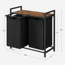 VASAGLE Laundry Hamper Organizer Laundry Basket Laundry Sorter With 2 Pull-Out And Removable Bags, Shelf, Metal Frame, 2 X 12.1 Gallons, 28.8 X 13 X 28.4 Inches, Ink Black And Rustic Brown - 黑色 - 查看 3