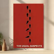 Framed   "The Usual Suspects" Canvas Wall Art, Vintage Style With Red Background And Footprint Silhouettes - Ideal For Living Room, Bedroom, Home Office Decor