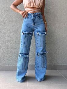 The Lemon 3022 Calça jeans feminina  cargo pantalona wide leg calca Calça jeans lisa cintura alta elegantes - Lavagem Média - Visão 5
